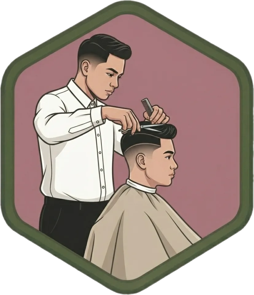 Illustration of "gupit" (cut; haircut)