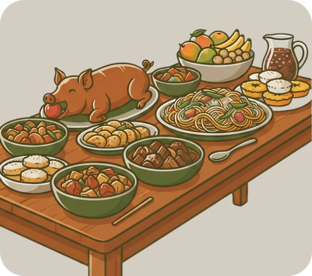 Illustration of "handa" (ready; food prepared for a gathering)